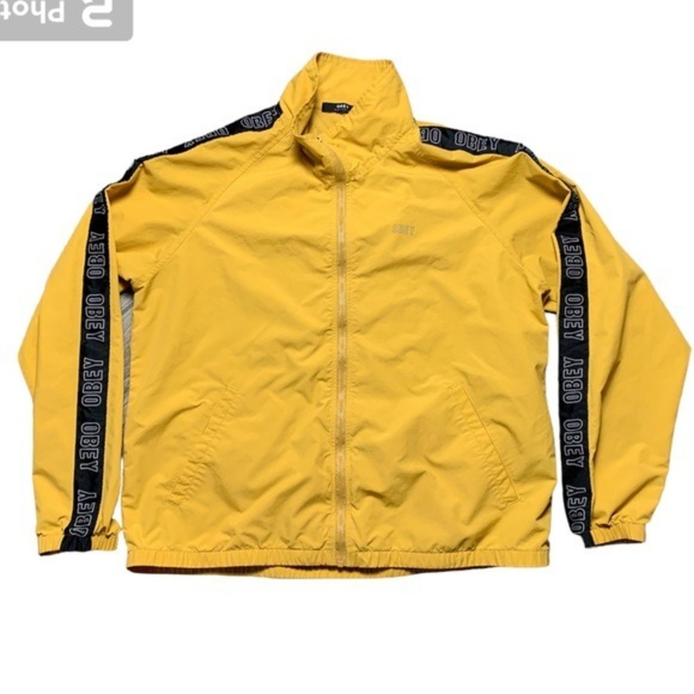Obey Jax Track Windbreaker Jacket Mustard Yellow Streetwear Logo Tape Mens L